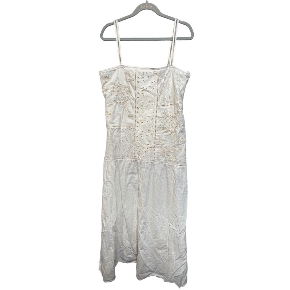 Zara Cream Patchwork Eyelet Embroidered Cotton Midi Dress Womens‎ L NEW